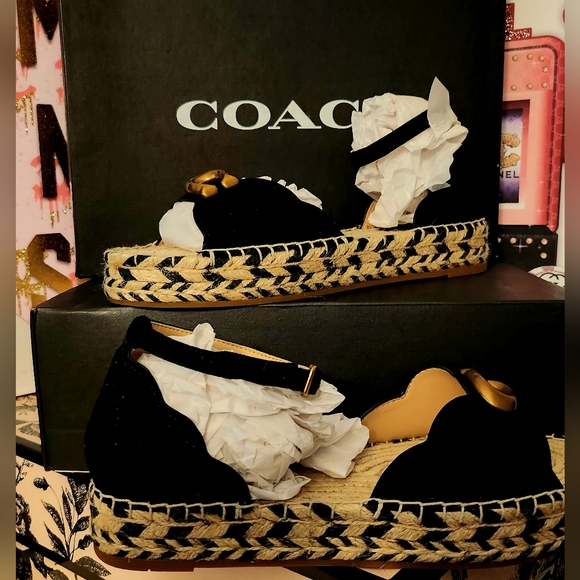 COACH Dillon Black Suede Espad Flatform Sandals NWB Sz 6 - Picture 2 of 9